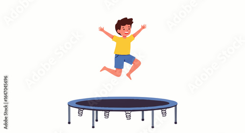 Happy cartoon boy in yellow shirt and blue shorts joyfully jumping high on a round blue trampoline.