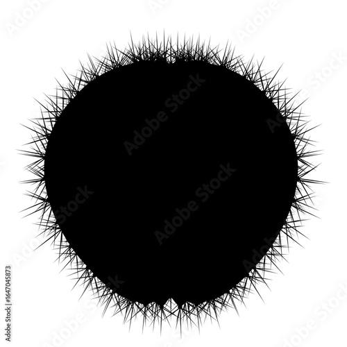 A black and white spiked circle resembles a cactus silhouette, featuring sharp radial spikes and bold contrast. The minimalist design stands out against a clean white background.