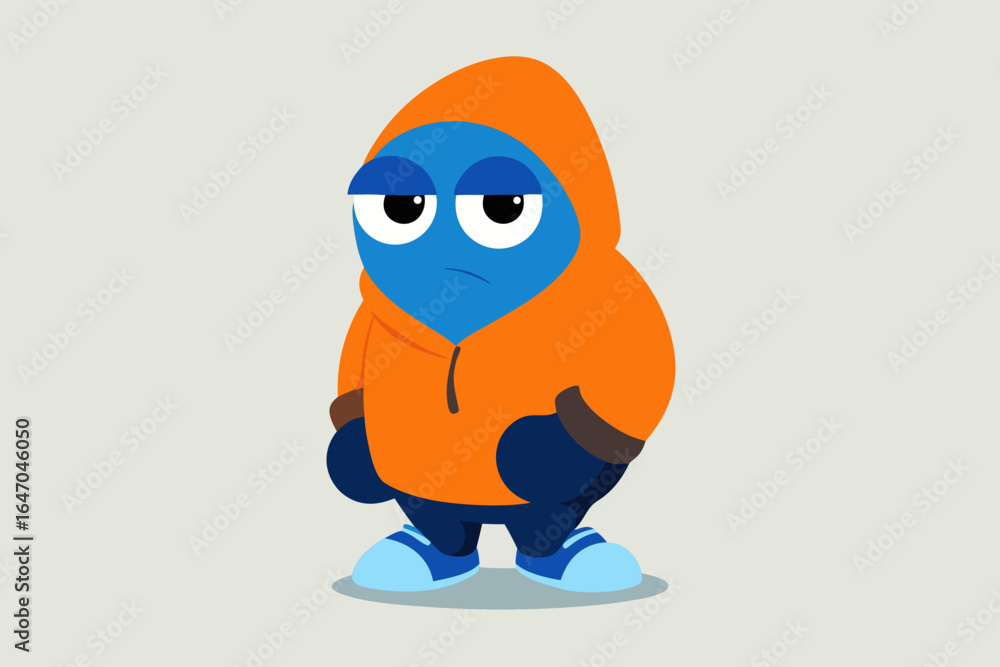 Fototapeta premium Sad blue cartoon character wearing an orange hoodie and sneakers