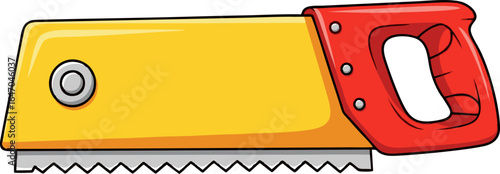 Cartoon Hand Saw with Red Handle and Yellow Blade, Detailed Illustration.