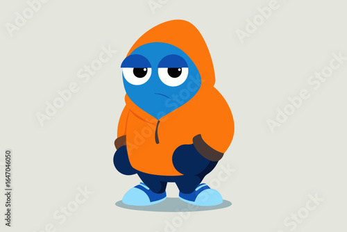 Sad blue cartoon character wearing an orange hoodie and sneakers