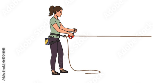 Illustrated female climber in a harness and gear, preparing to belay with a rope.
