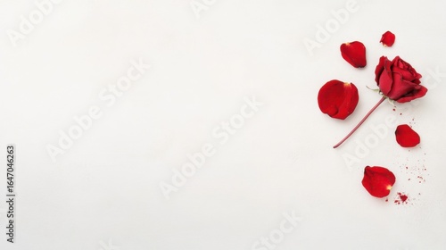 Red Rose and Petals on White Background for Romantic Themes
