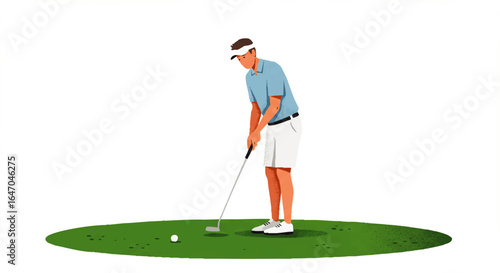 Illustrated male golfer in a blue polo shirt and white visor, focused on putting the ball on the green.