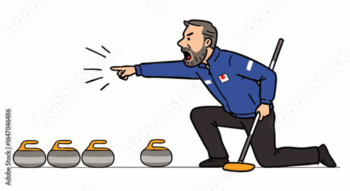 Intense male curling coach with a beard shouting and pointing during a game.