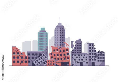 Ruined Cityscape with Damaged Buildings and Skyscrapers