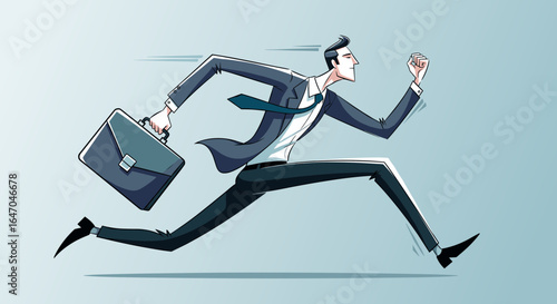 Dynamic illustration of a businessman in a suit running with a briefcase, symbolizing corporate speed, ambition, and urgency in a competitive race.