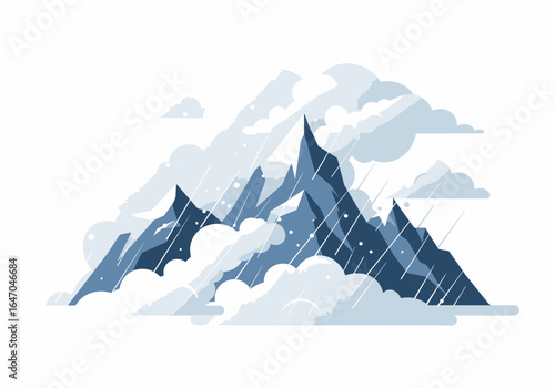 Stylized Mountain Range with Clouds and Rain Illustration