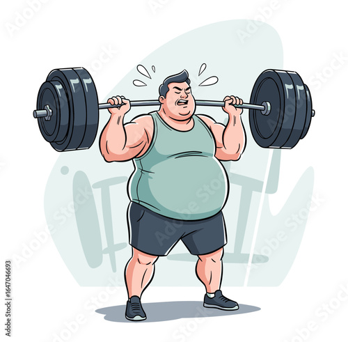 Determined chubby man with a mustache powerlifting a heavy barbell, a humorous vector artboard illustration of a gym workout