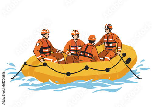 Four Rescuers in Inflatable Raft on Water