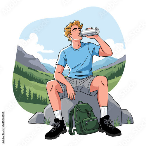 Cartoon illustration of a hiker taking a break on a rock, rehydrating in a beautiful mountain landscape. Digital art of an outdoor activity.