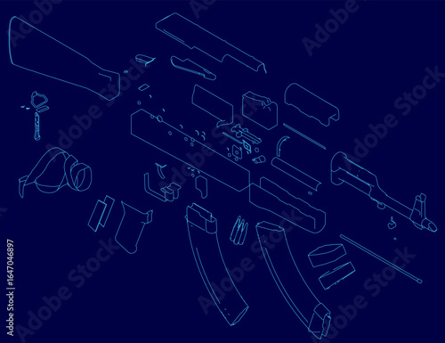 Blueprint of a rifle with detailed parts including stock, barrel, and magazine laid out on a blue background. The contour lines highlight each component clearly for technical reference.