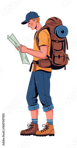 Adventure concept with a cartoon man backpacking, standing and reading a travel map for direction