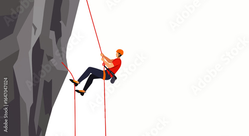 Male climber in a red shirt and helmet rappelling down a steep grey rock face, secured by a red rope and harness.