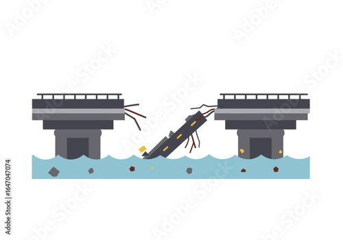 Collapsed Bridge Illustration with Water and Debris