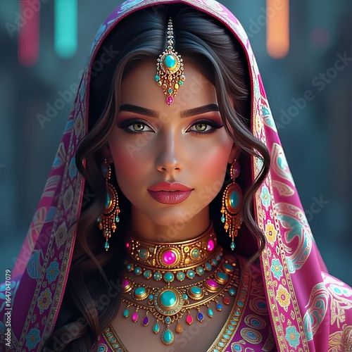 3D illustration of a beautiful Indian woman with oriental makeup and jewelry.