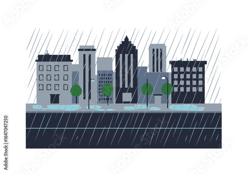 Rainy Cityscape with Buildings and Puddles Illustration