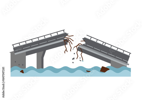 Collapsed Bridge Over Water Illustration
