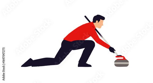Male curler in a red shirt and dark pants lunging to deliver a grey curling stone with a broom.