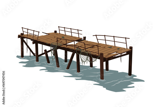 Dilapidated Wooden Pier Over Water with Fishing Nets