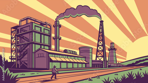 Retro industrial factory landscape illustration with smoke stacks and walking man artwork design