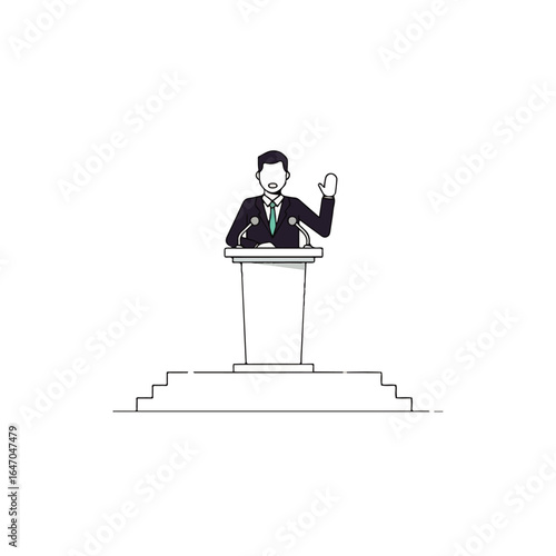 Man in a suit giving a speech at a podium illustration.