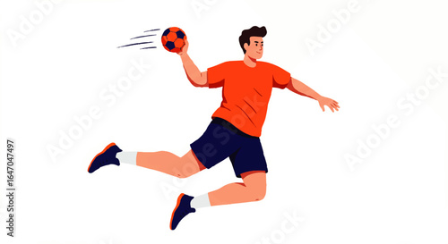 Male handball player in a dynamic jump shot pose, wearing an orange jersey and blue shorts.