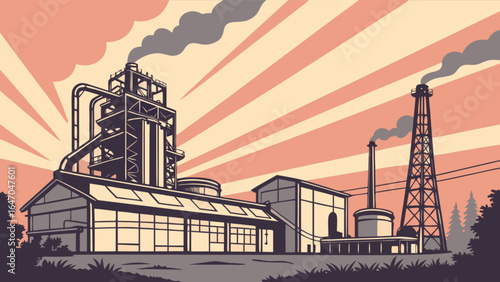 Illustration of industrial factory plant with smoke stacks and oil derrick for energy production process