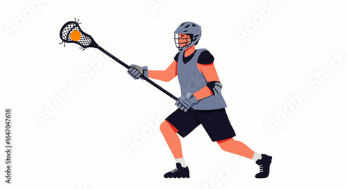 Male lacrosse player in a blue uniform and helmet, running while holding a crosse with an orange ball in the net.