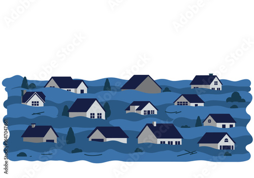 Flooded Neighborhood Illustration with Houses Submerged in Water