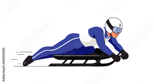 Male luge athlete in a blue and white uniform speeding downhill on a sled, wearing a helmet and goggles.