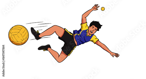 Male Sepak Takraw player in a blue and yellow uniform executing a dynamic mid-air kick.