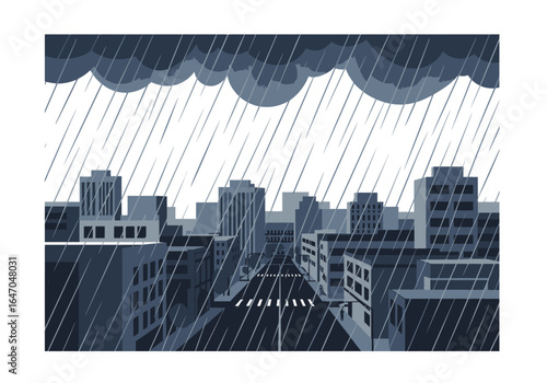 Rainy Cityscape Illustration with Dark Clouds and Buildings
