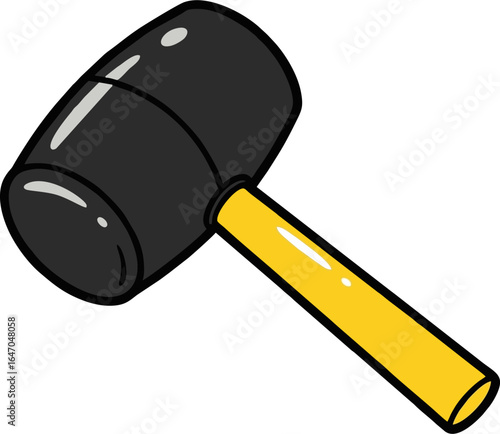 Cartoon Rubber Mallet with Yellow Handle and Black Head, Angled View