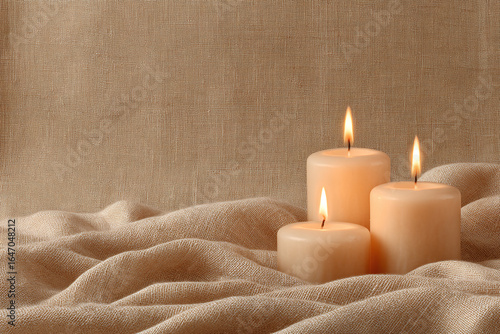 TRES VELAS ENCENDIDAS SOBRE UNA TELA SUAVE