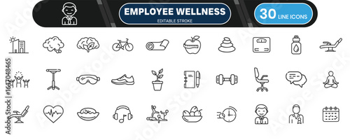 Employee Wellness Programs Line Icon Set for Office Health, Fitness Initiatives and Corporate Care