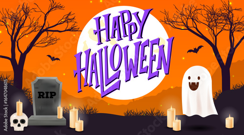 Halloween celebration with eerie tombstones and ghostly individuals. Vector illustration