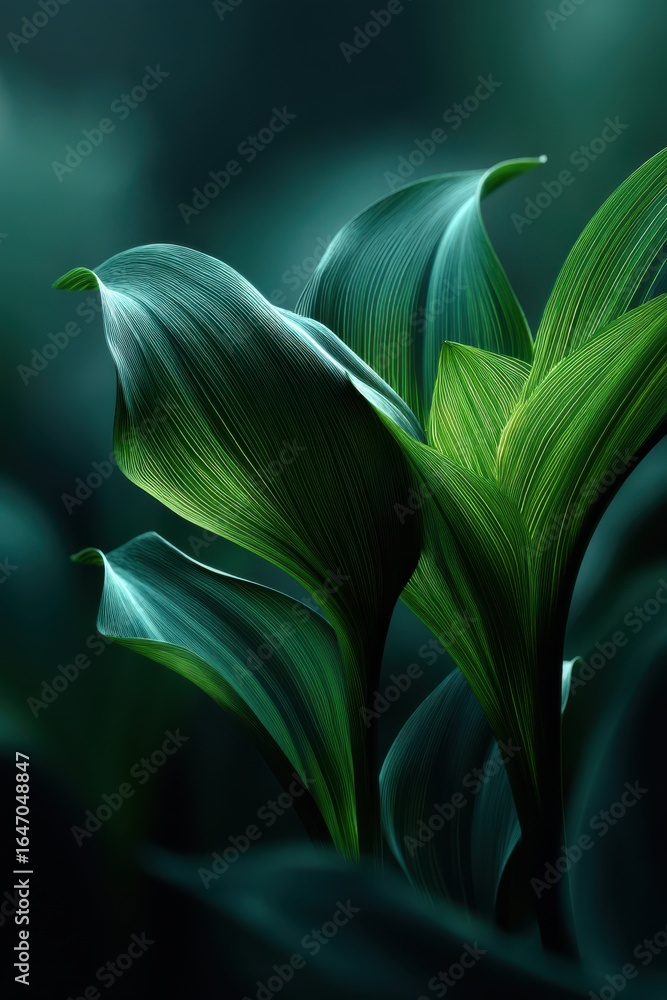 Fototapeta premium Close-up of vibrant green leaves in a moody dark background