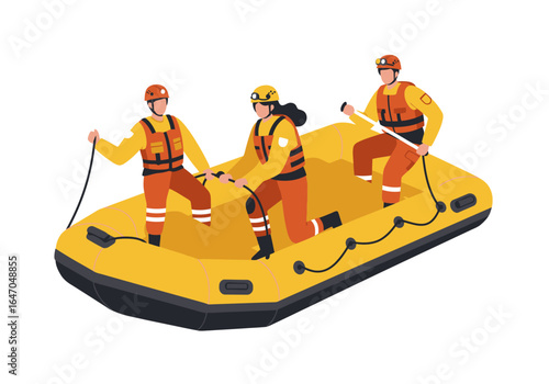 Three People in a Yellow Inflatable Raft Wearing Safety Gear