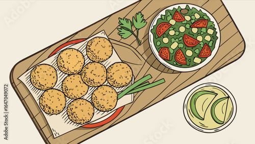 Delicious falafel recipe with salad and avocado dip on wooden board for healthy eating concept
