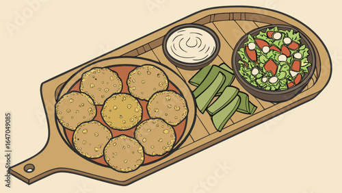 Delicious falafel platter with fresh salad, creamy dip and celery sticks for healthy eating lifestyle