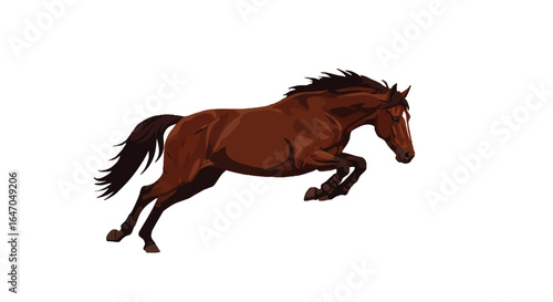 Powerful brown horse with a dark mane and tail in a dynamic jumping pose, stylized vector illustration.