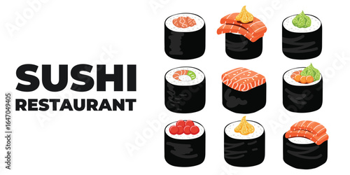Vector illustrated advertising web and desktop banner with Japanese cuisine, traditional Asian food including sushi and rolls, perfect for Asian restaurant branding, menu design, and promotional