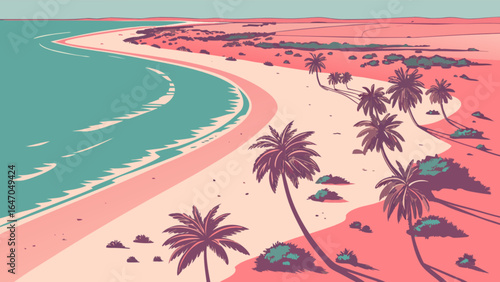 Beautiful tropical beach illustration with palm trees and turquoise ocean for summer vacation 100
