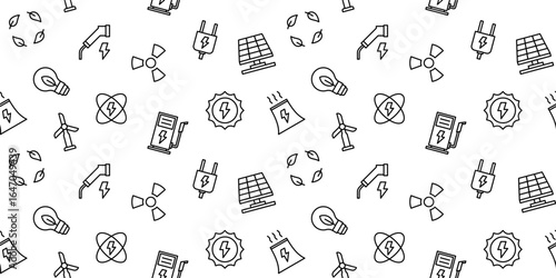 Renewable Energy Seamless Outline Pattern - Sustainable Electricity Vector Background with Solar Panel, Wind Turbine, and Eco Power Designs