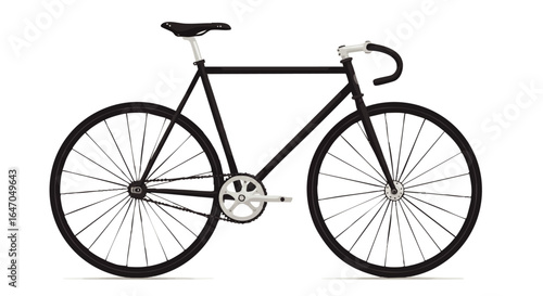 Sleek black fixed-gear bicycle with silver accents and drop handlebars, side view illustration.