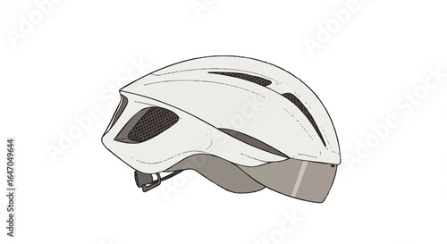 Sleek aerodynamic bicycle helmet illustration in profile, featuring a white shell, mesh vents, and a rear visor.