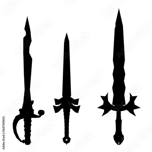 Three black sword silhouettes stand out sharply against a white background. The blades are pointed and sharp, while the handles feature long, curved designs. Each sword varies in size and shape.