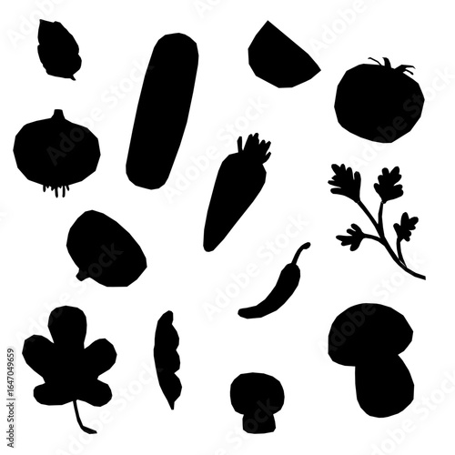 Black vegetable silhouettes stand out sharply against a clean white background. The minimalist design highlights various shapes including carrots, tomatoes, and peppers.
