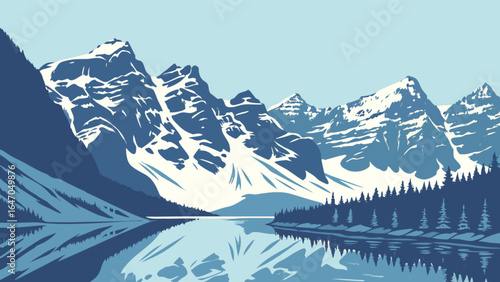 Snowy mountain range landscape vector illustration with lake reflection for travel and tourism design